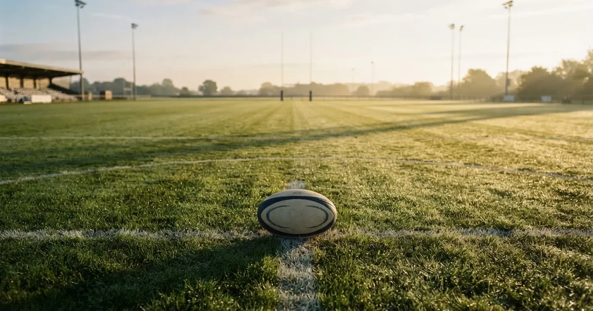 A ball on the centre spot of a grass pitch in morning light