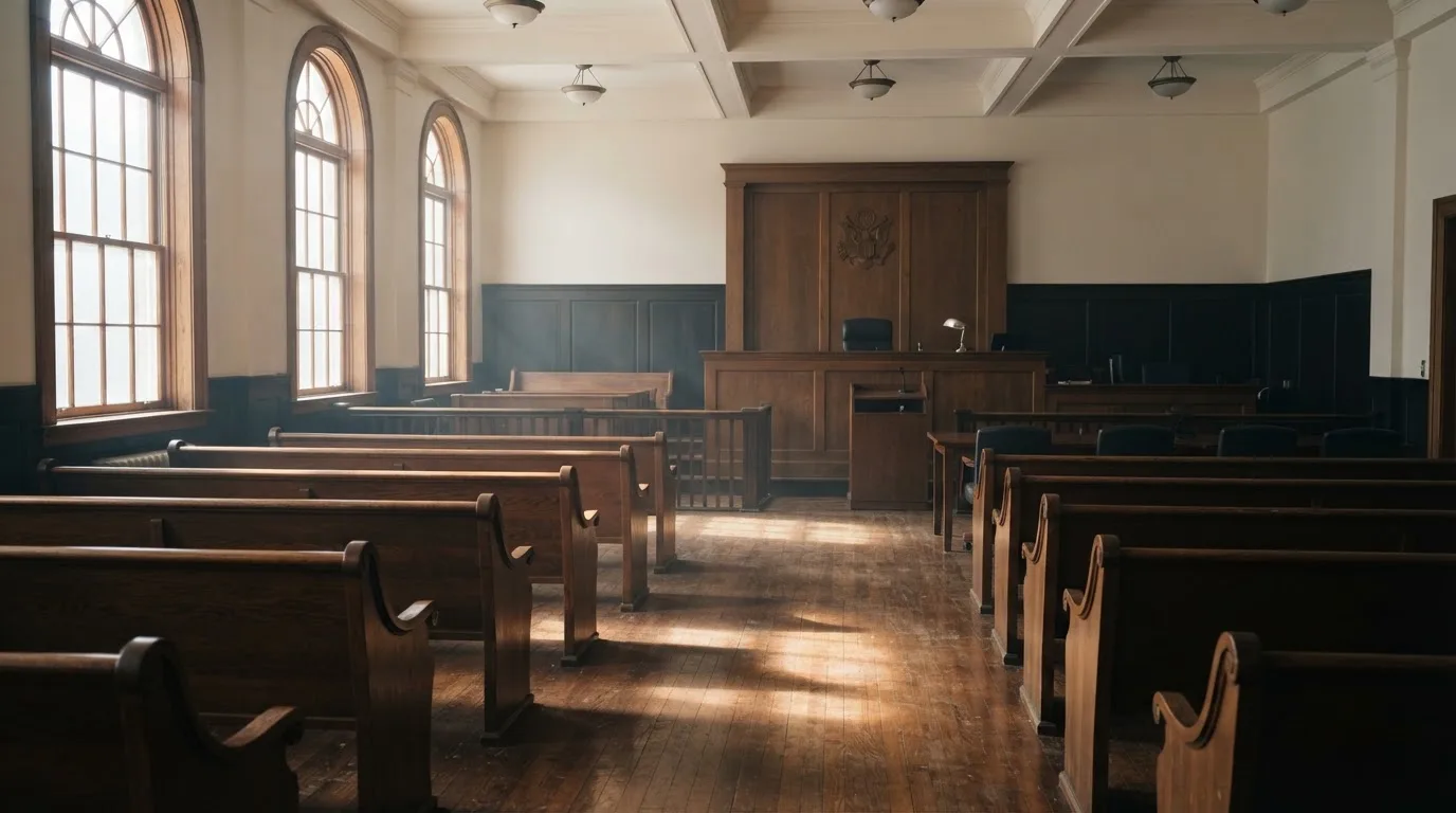 An empty courtroom with wooden benches in morning light