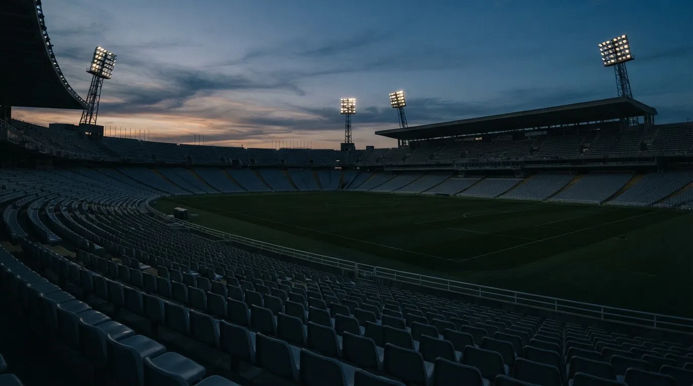 An empty football stadium with floodlight masts at dusk