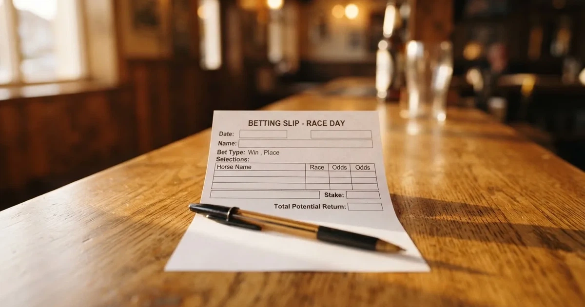 A blank paper betting slip beside a pen on a wooden counter