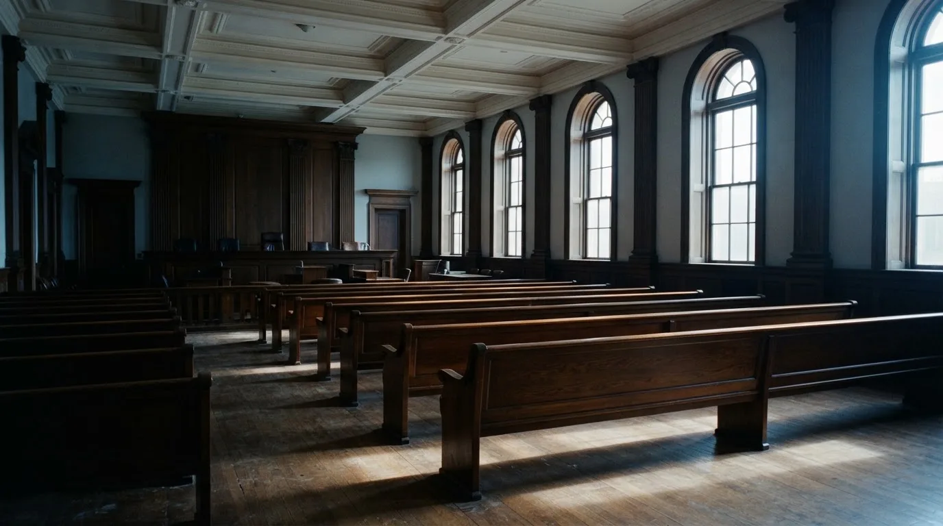 An empty courtroom with wooden benches in morning light