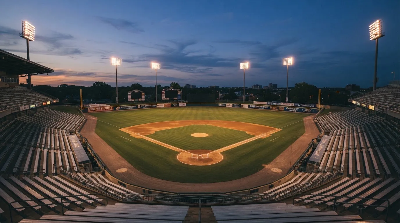 An empty football stadium with floodlight masts at dusk