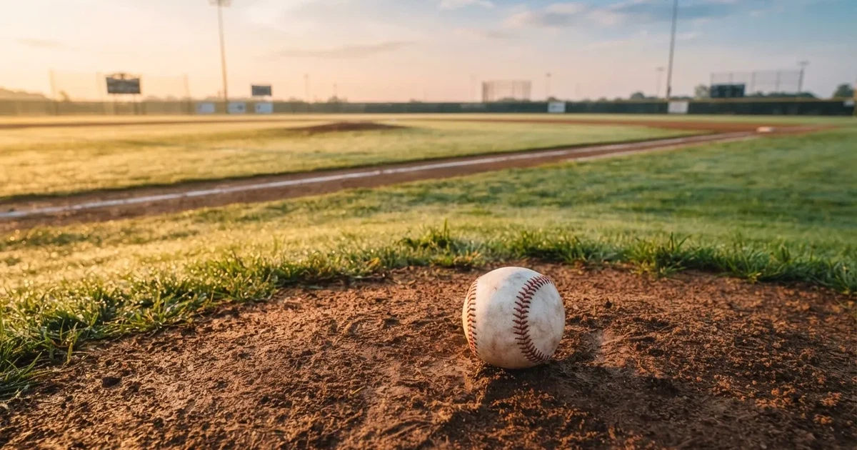 A ball on the centre spot of a grass pitch in morning light