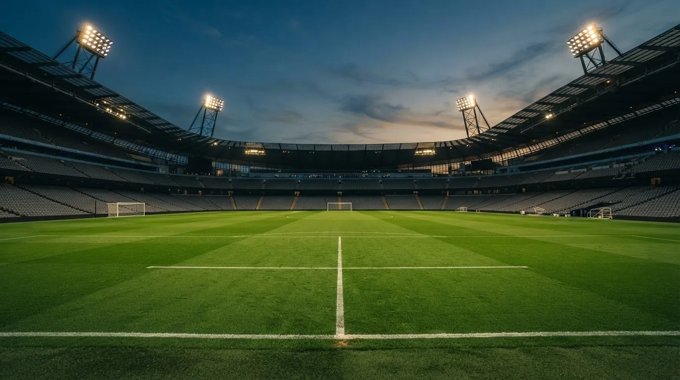 An empty football stadium with floodlight masts at dusk
