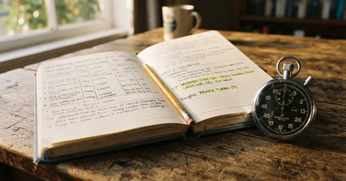 An open notebook with a pencil and a stopwatch on a wooden table