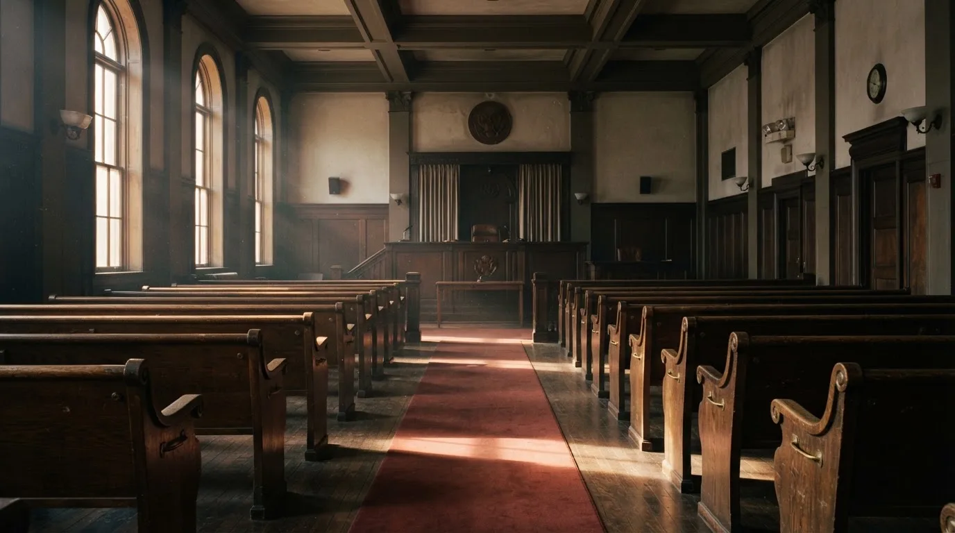 An empty courtroom with wooden benches in morning light