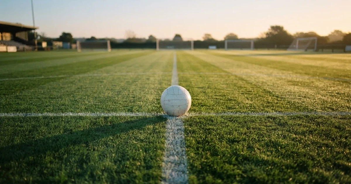 A ball on the centre spot of a grass pitch in morning light