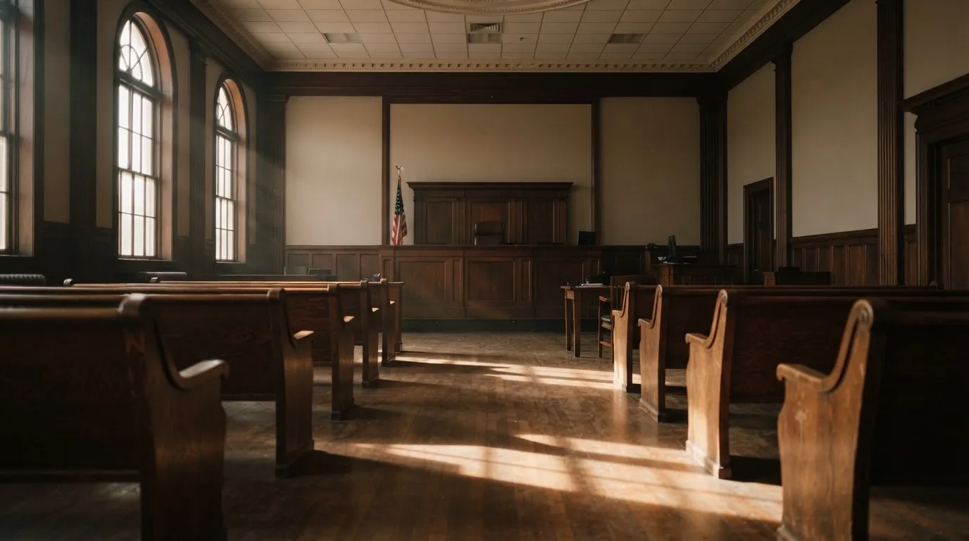An empty courtroom with wooden benches in morning light