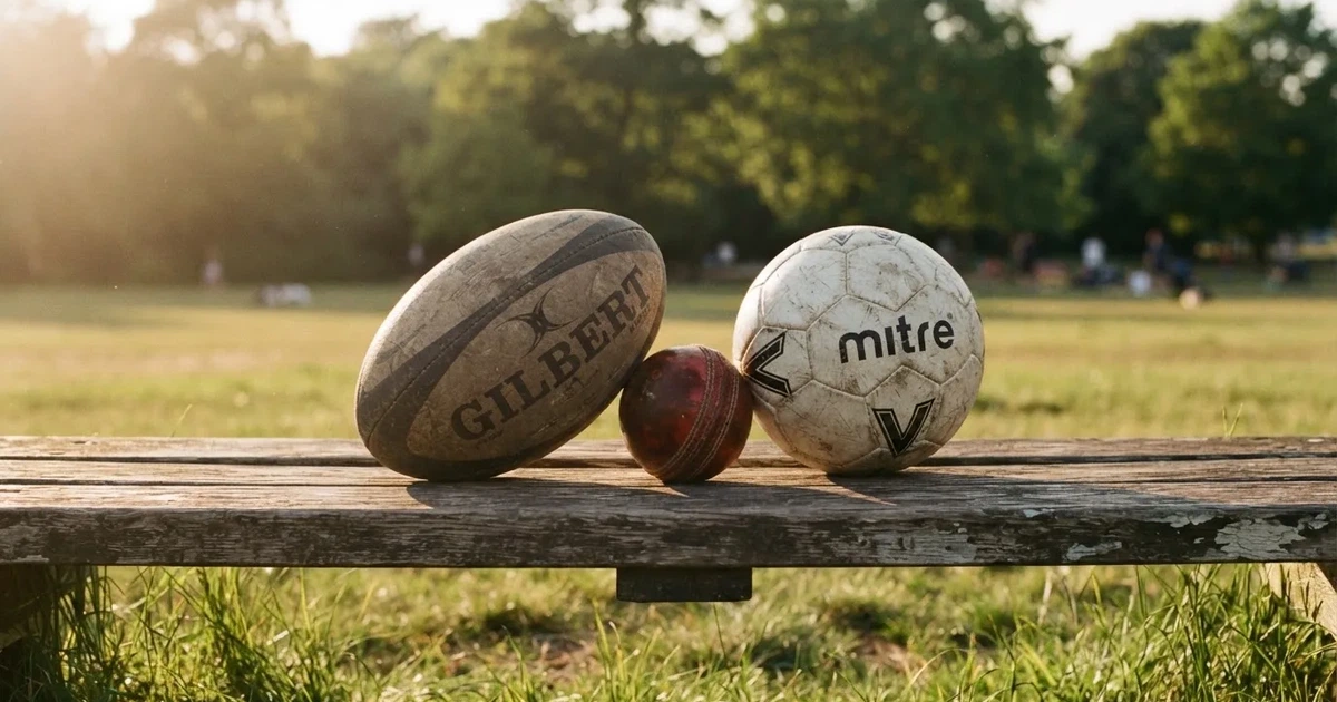 Three balls of different kinds side by side on a wooden bench