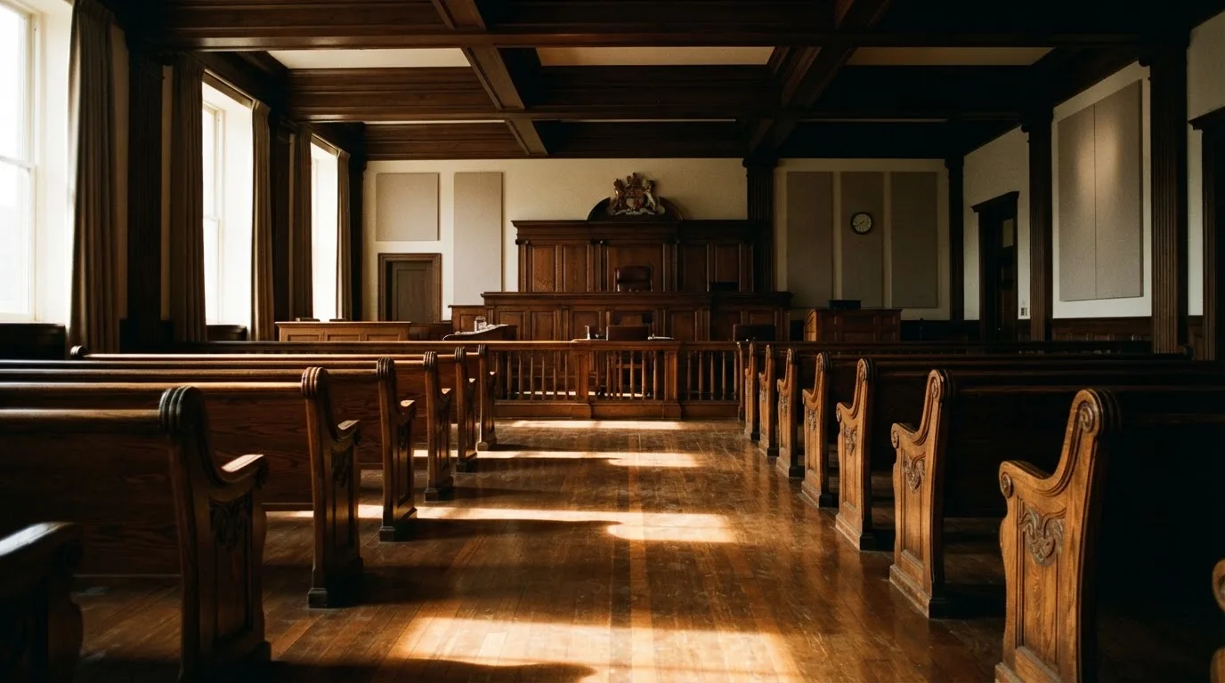 An empty courtroom with wooden benches in morning light