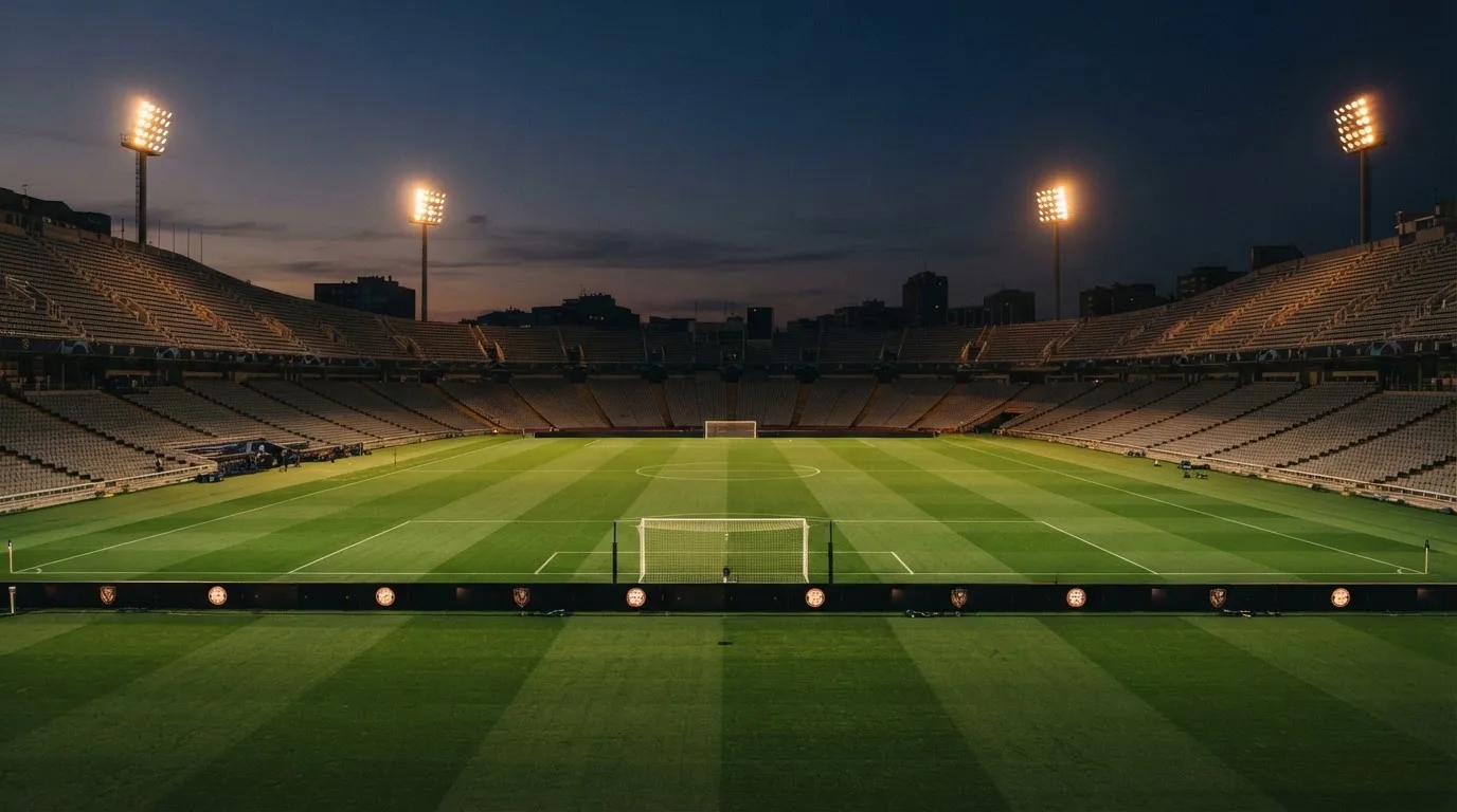 An empty football stadium with floodlight masts at dusk
