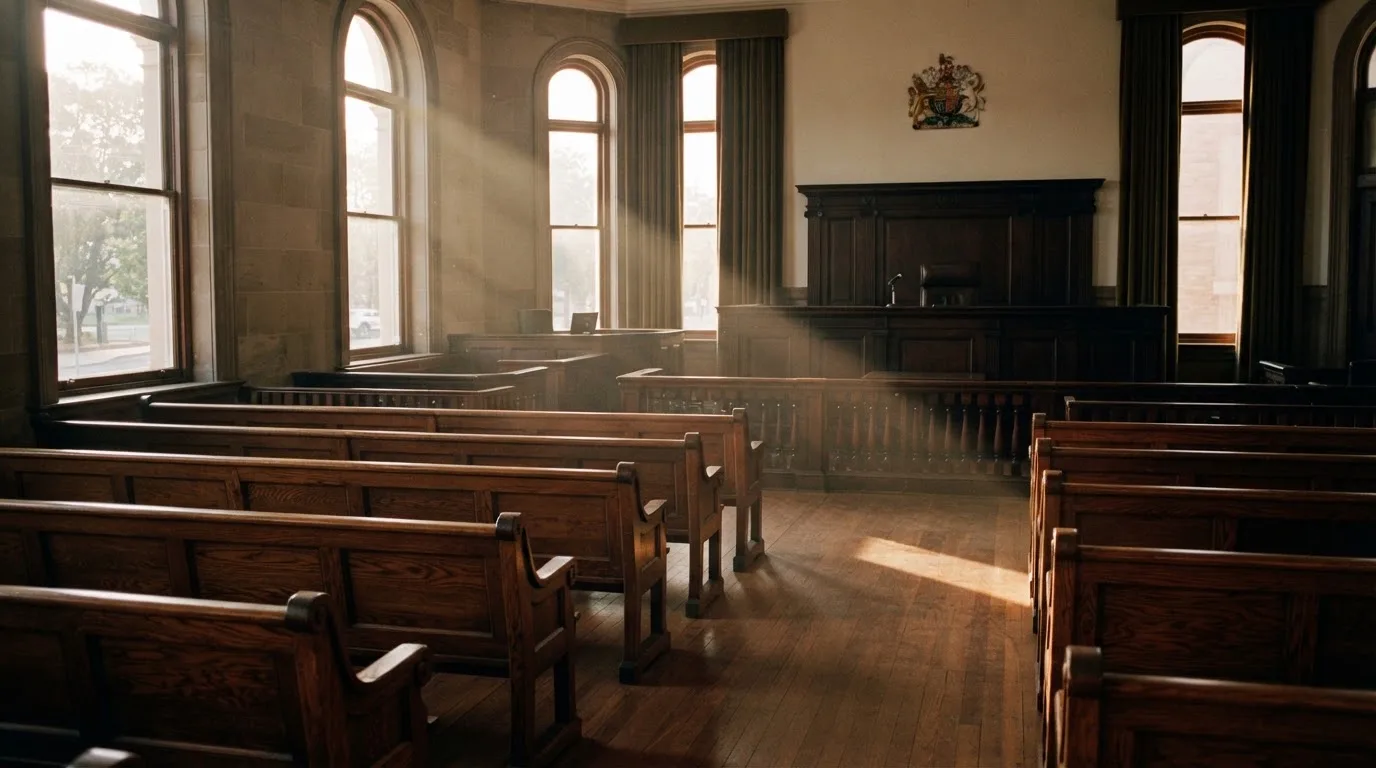 An empty courtroom with wooden benches in morning light
