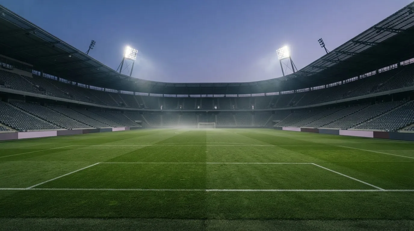 An empty football stadium with floodlight masts at dusk