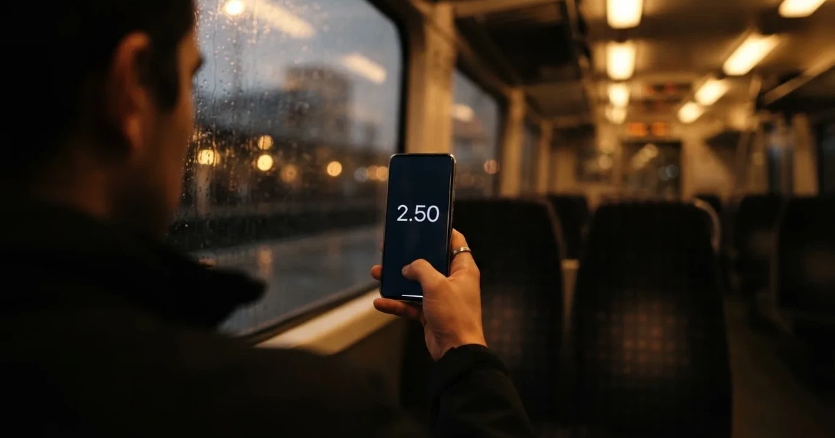 A hand holding a smartphone on a train in the evening, screen turned away