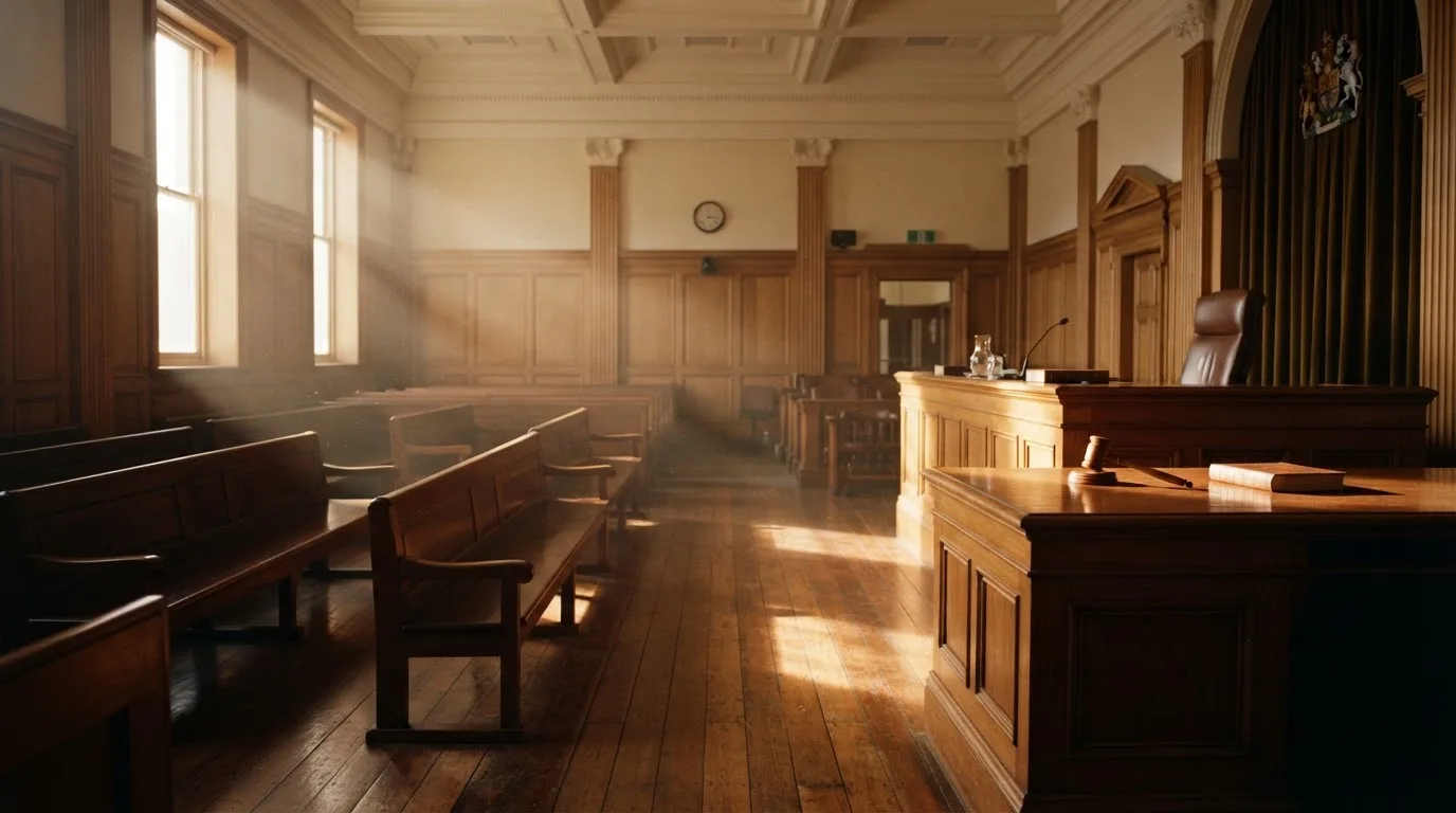 An empty courtroom with wooden benches in morning light