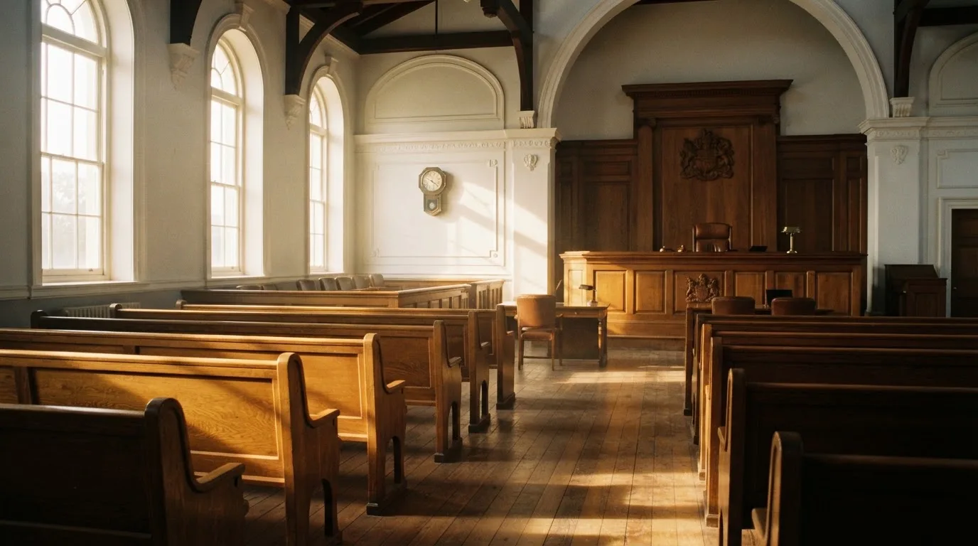 An empty courtroom with wooden benches in morning light
