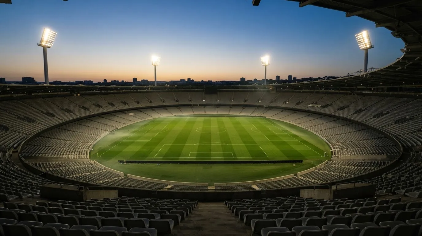 An empty football stadium with floodlight masts at dusk