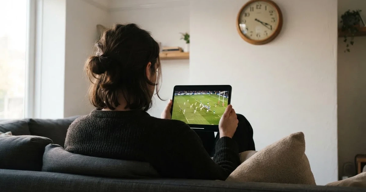 A person on a sofa looking thoughtfully at a tablet, a wall clock in the background