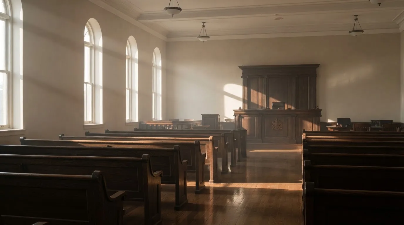 An empty courtroom with wooden benches in morning light