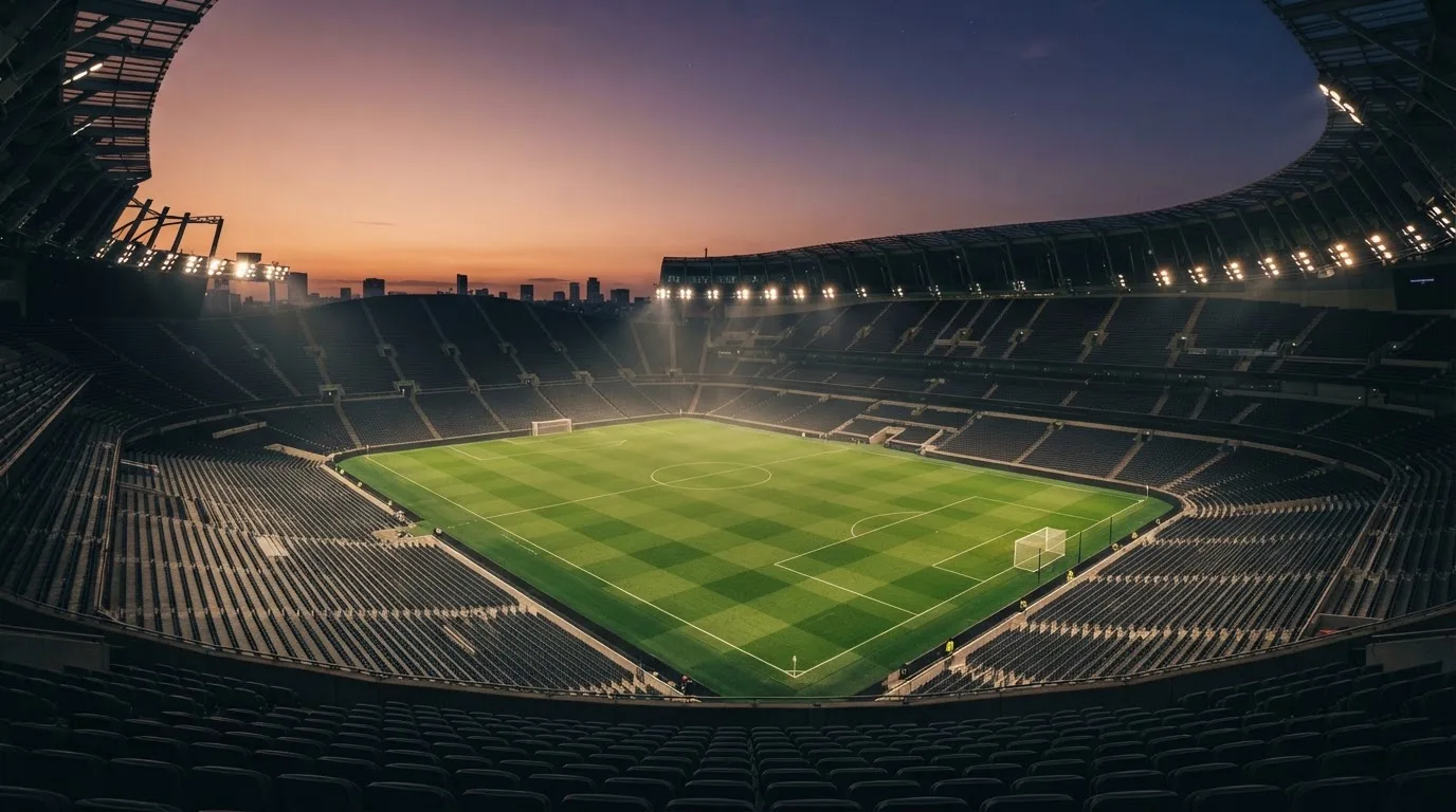 An empty football stadium with floodlight masts at dusk