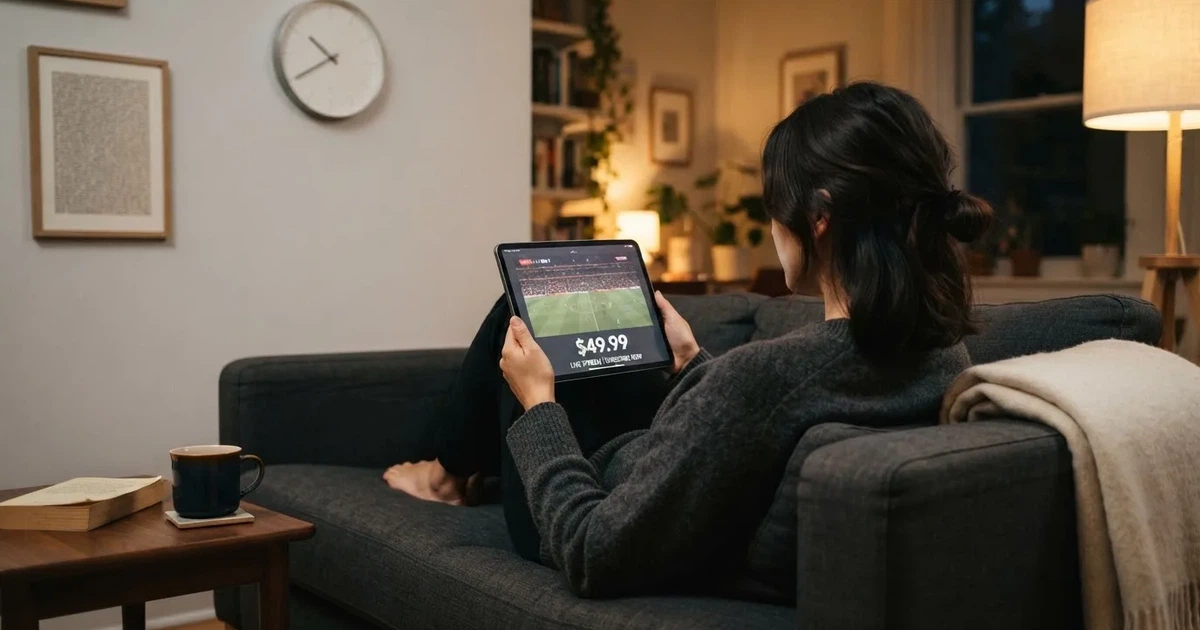 A person on a sofa looking thoughtfully at a tablet, a wall clock in the background