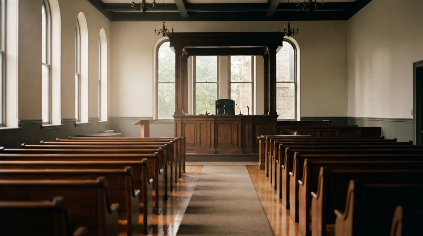 An empty courtroom with wooden benches in morning light