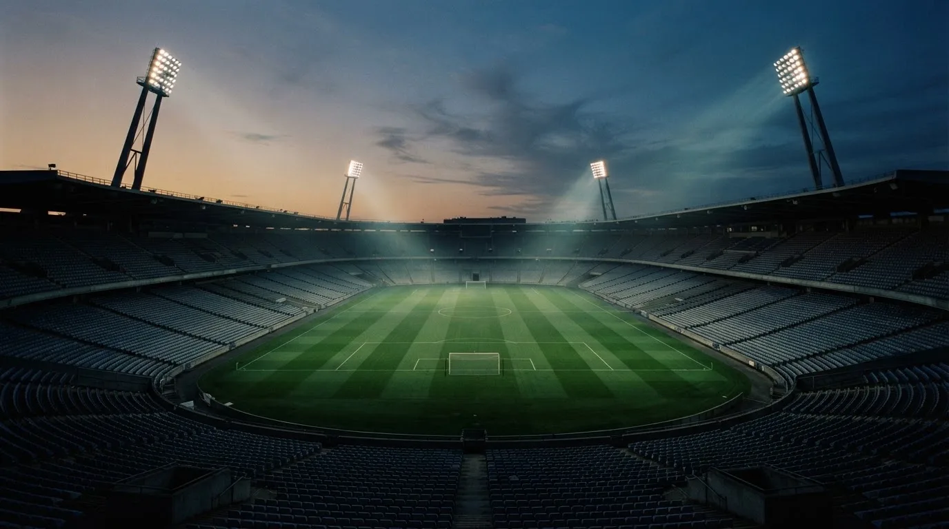 An empty football stadium with floodlight masts at dusk
