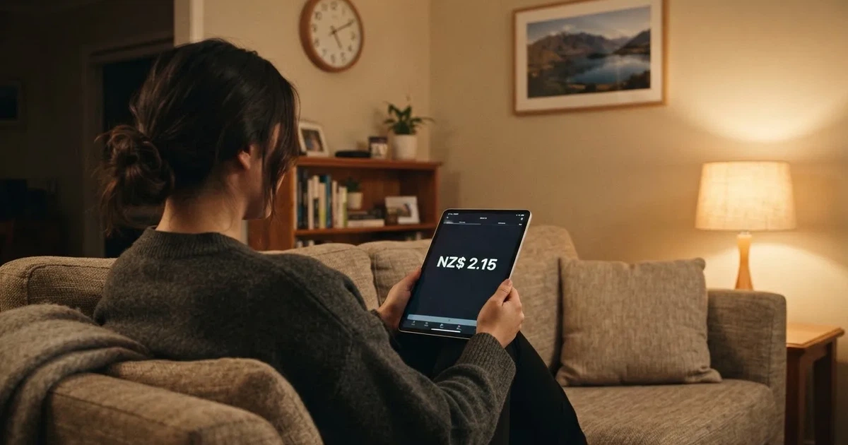 A person on a sofa looking thoughtfully at a tablet, a wall clock in the background