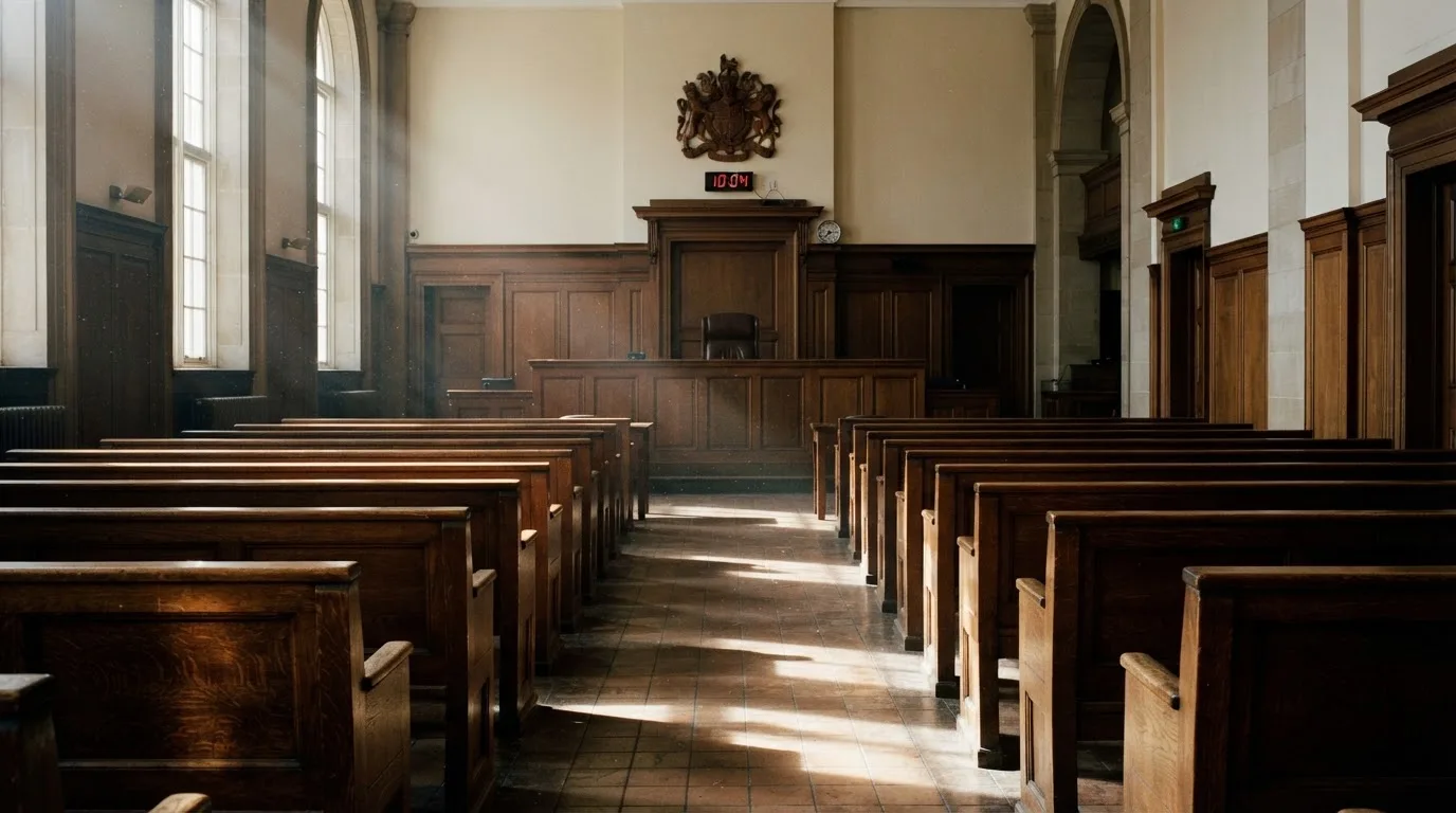 An empty courtroom with wooden benches in morning light