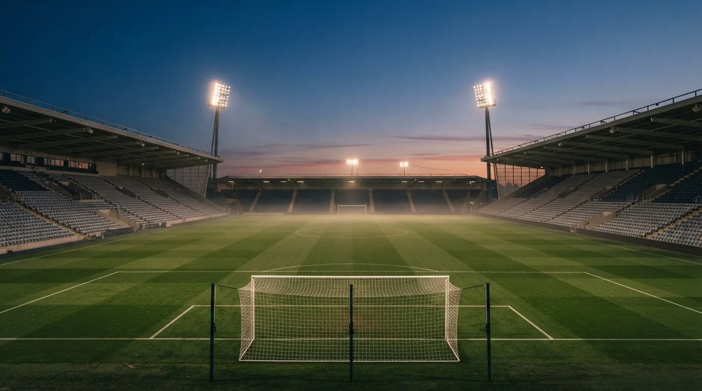 An empty football stadium with floodlight masts at dusk