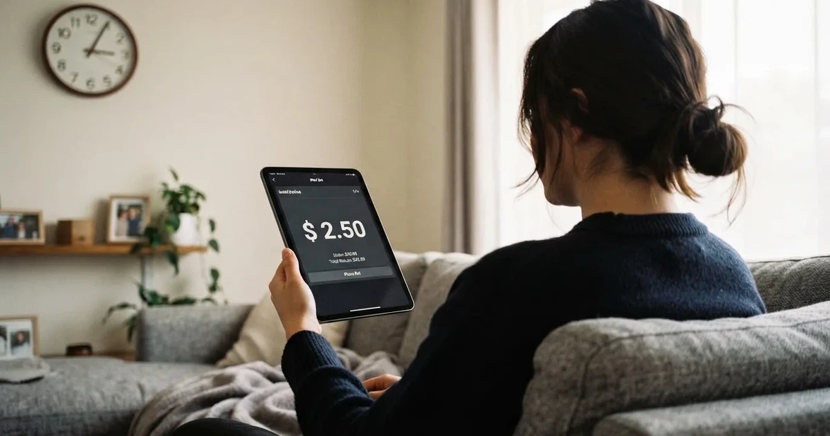 A person on a sofa looking thoughtfully at a tablet, a wall clock in the background