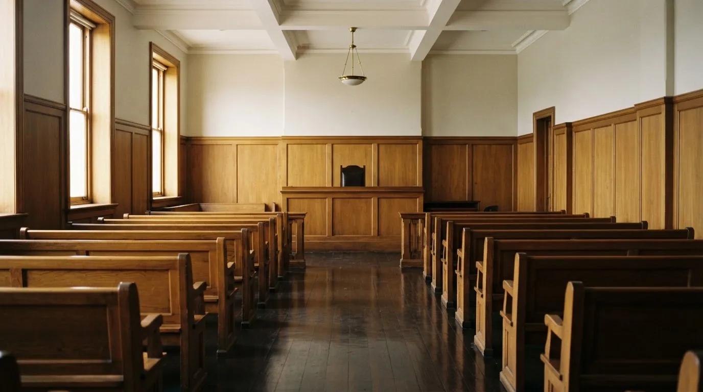 An empty courtroom with wooden benches in morning light
