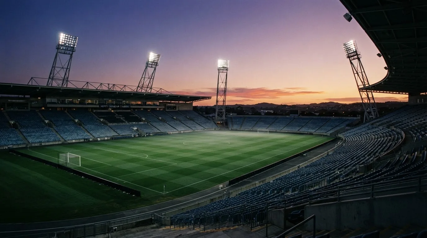 An empty football stadium with floodlight masts at dusk