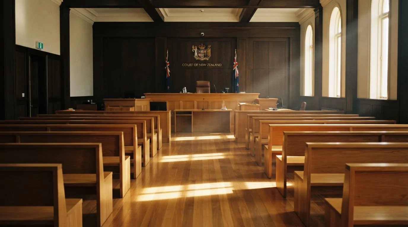 An empty courtroom with wooden benches in morning light