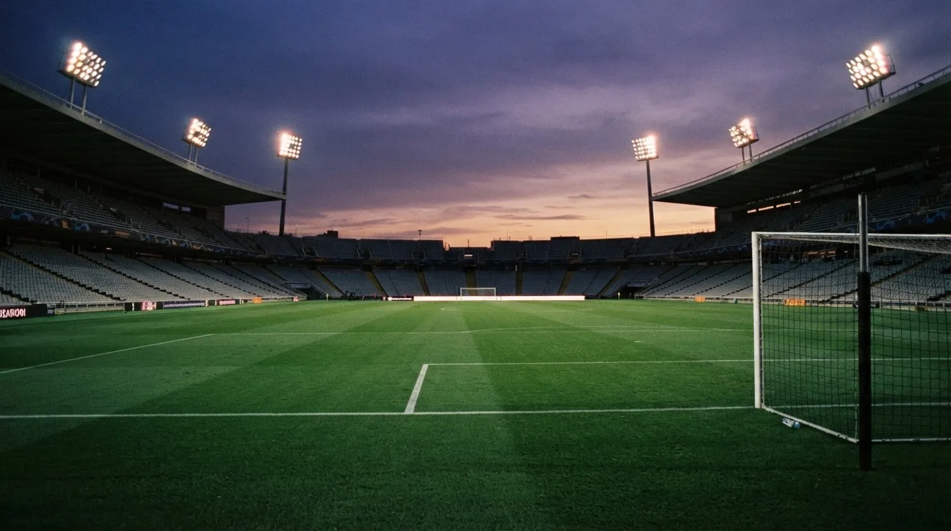 An empty football stadium with floodlight masts at dusk