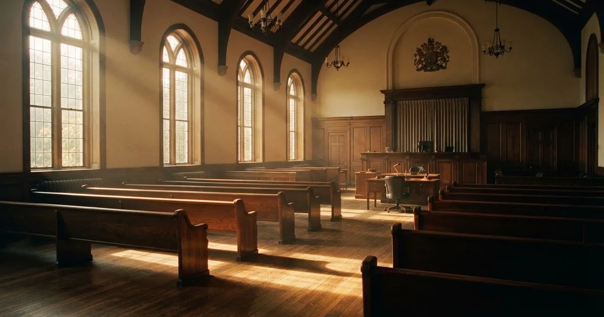 An empty courtroom with wooden benches in morning light