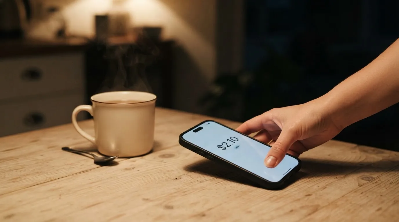 A hand setting a smartphone down beside a cup of tea on a kitchen table on a quiet evening