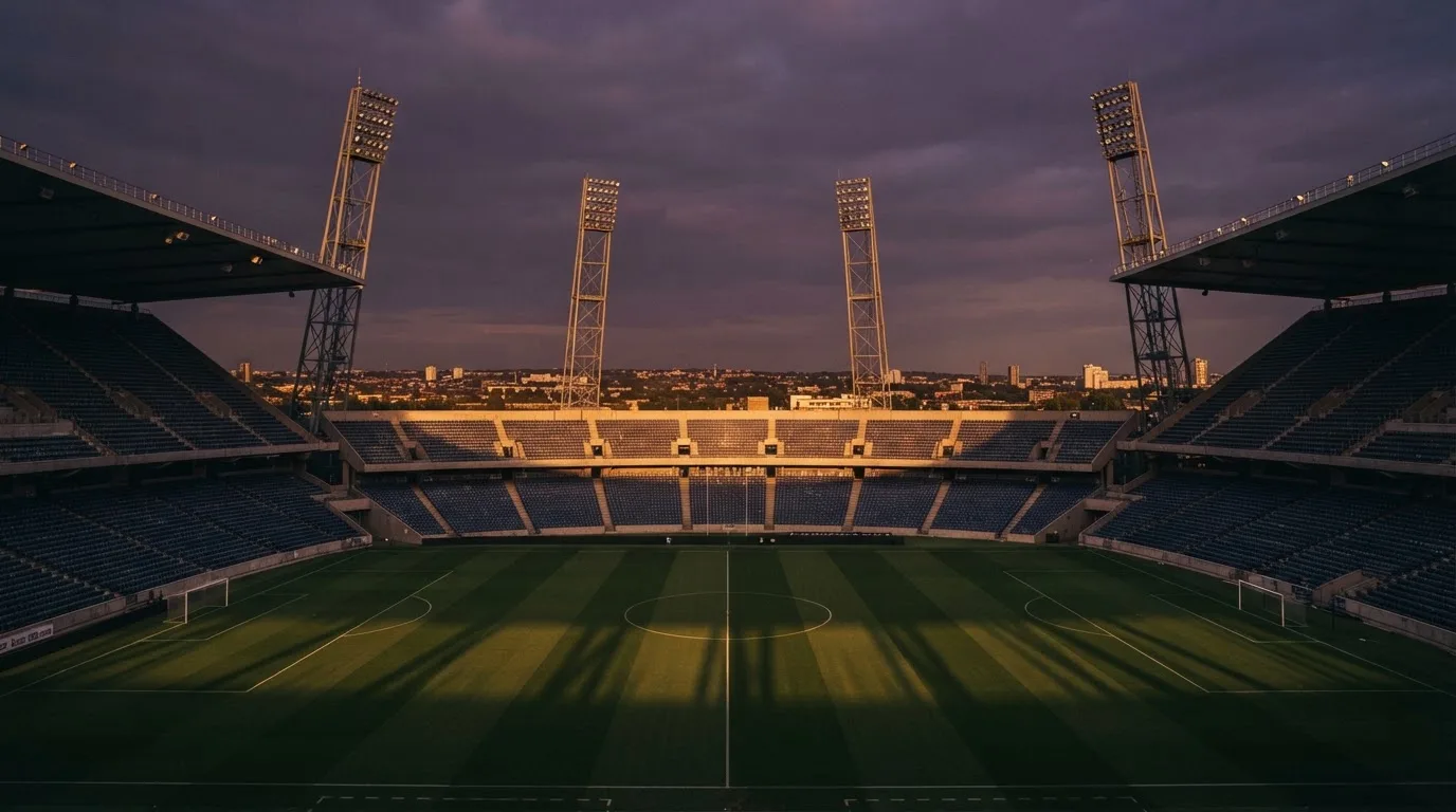 An empty football stadium with floodlight masts at dusk