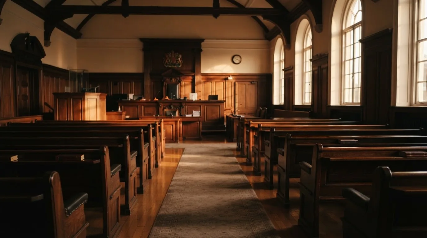 An empty courtroom with wooden benches in morning light