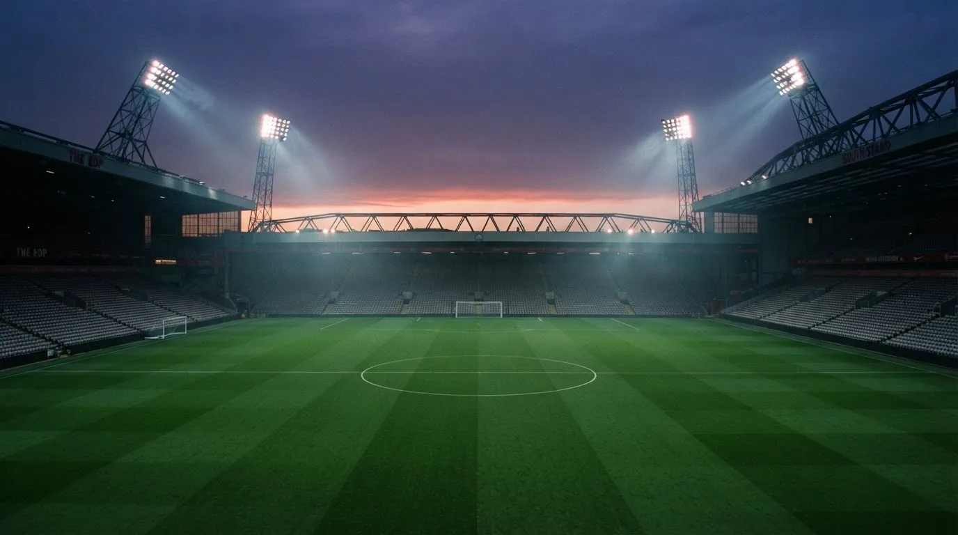 An empty football stadium with floodlight masts at dusk