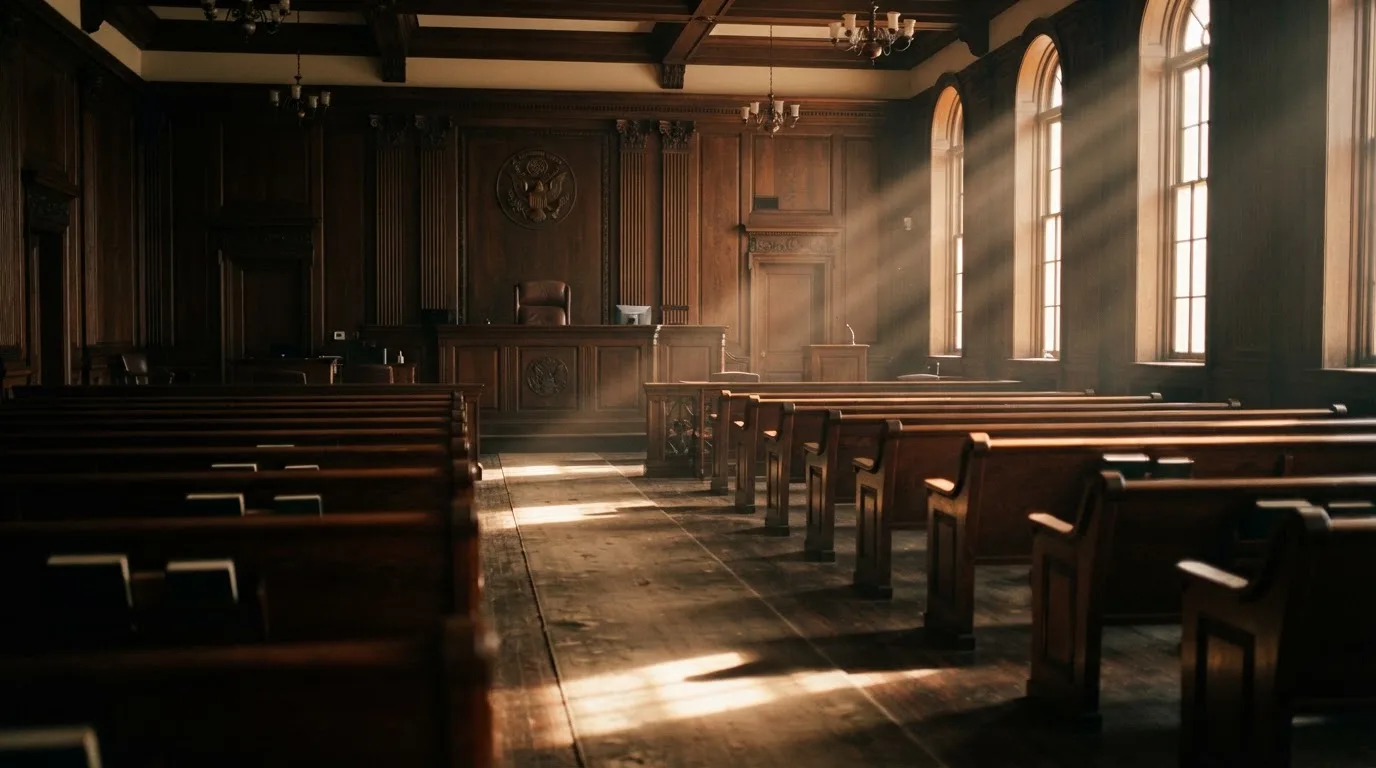 An empty courtroom with wooden benches in morning light