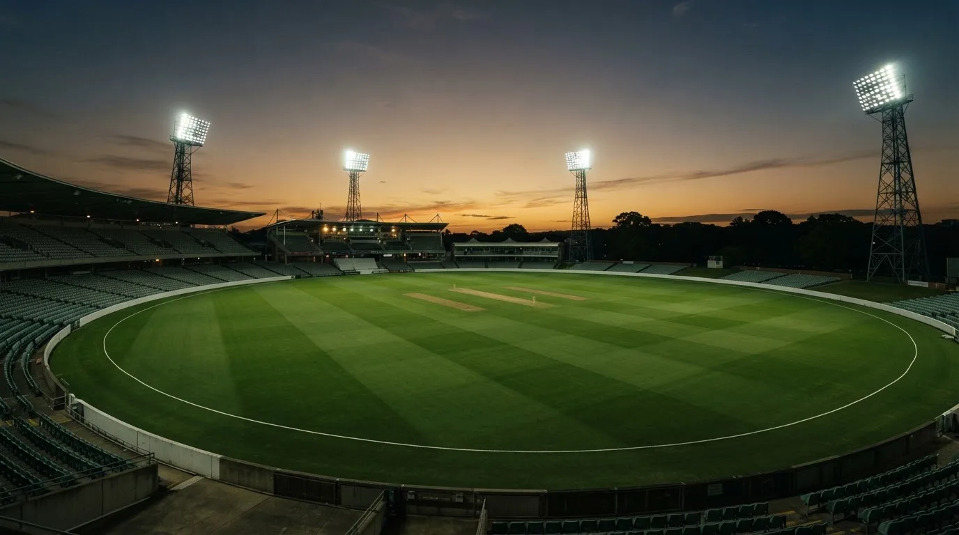 An empty football stadium with floodlight masts at dusk