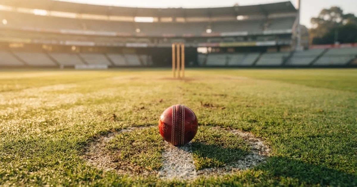 A ball on the centre spot of a grass pitch in morning light