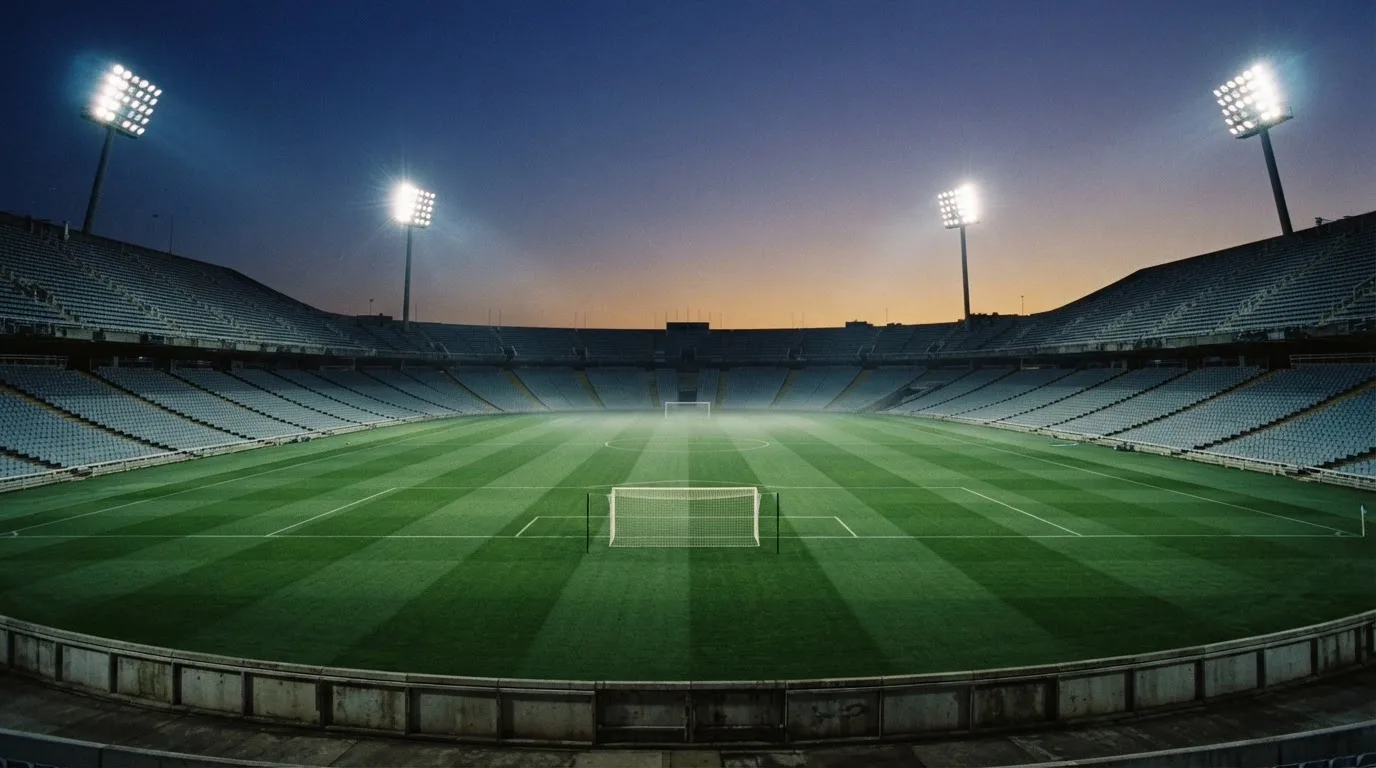 An empty football stadium with floodlight masts at dusk