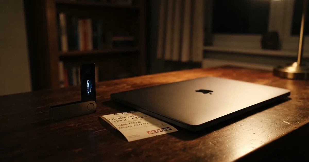A hardware wallet and a closed laptop on a desk in dim light