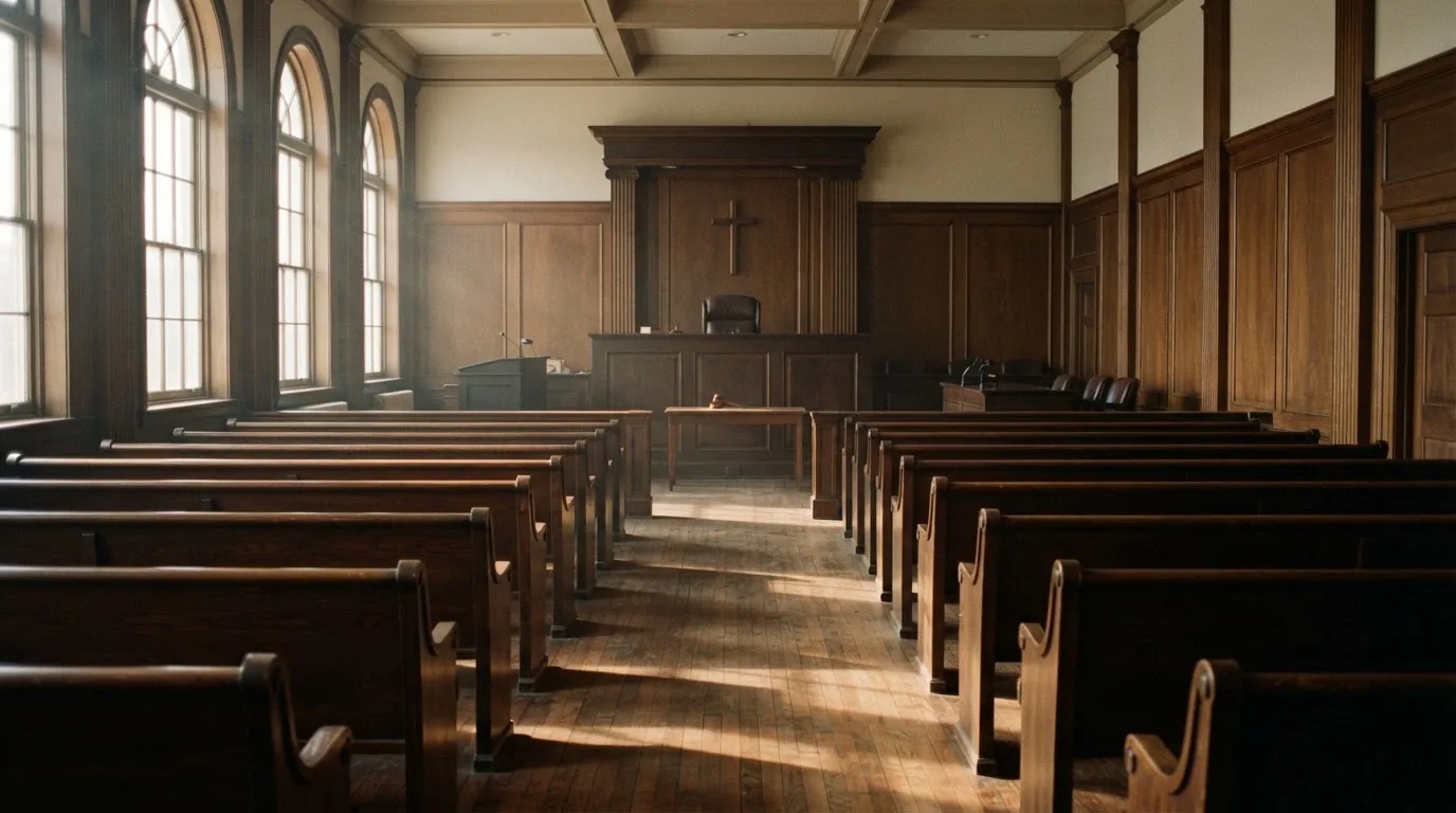 An empty courtroom with wooden benches in morning light