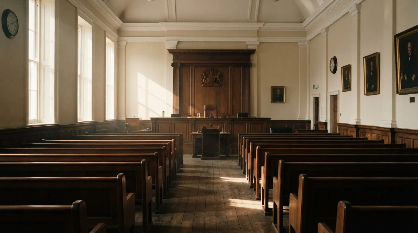 An empty courtroom with wooden benches in morning light