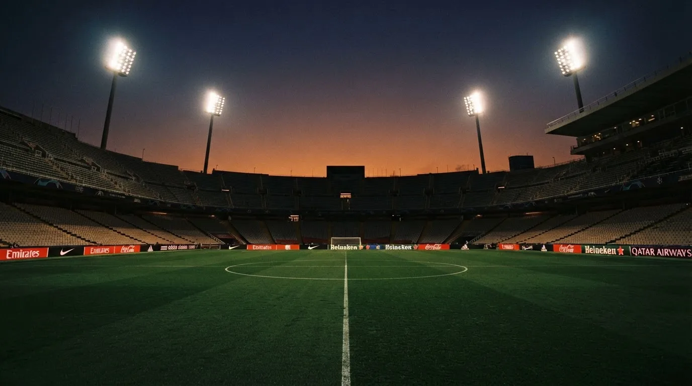 An empty football stadium with floodlight masts at dusk
