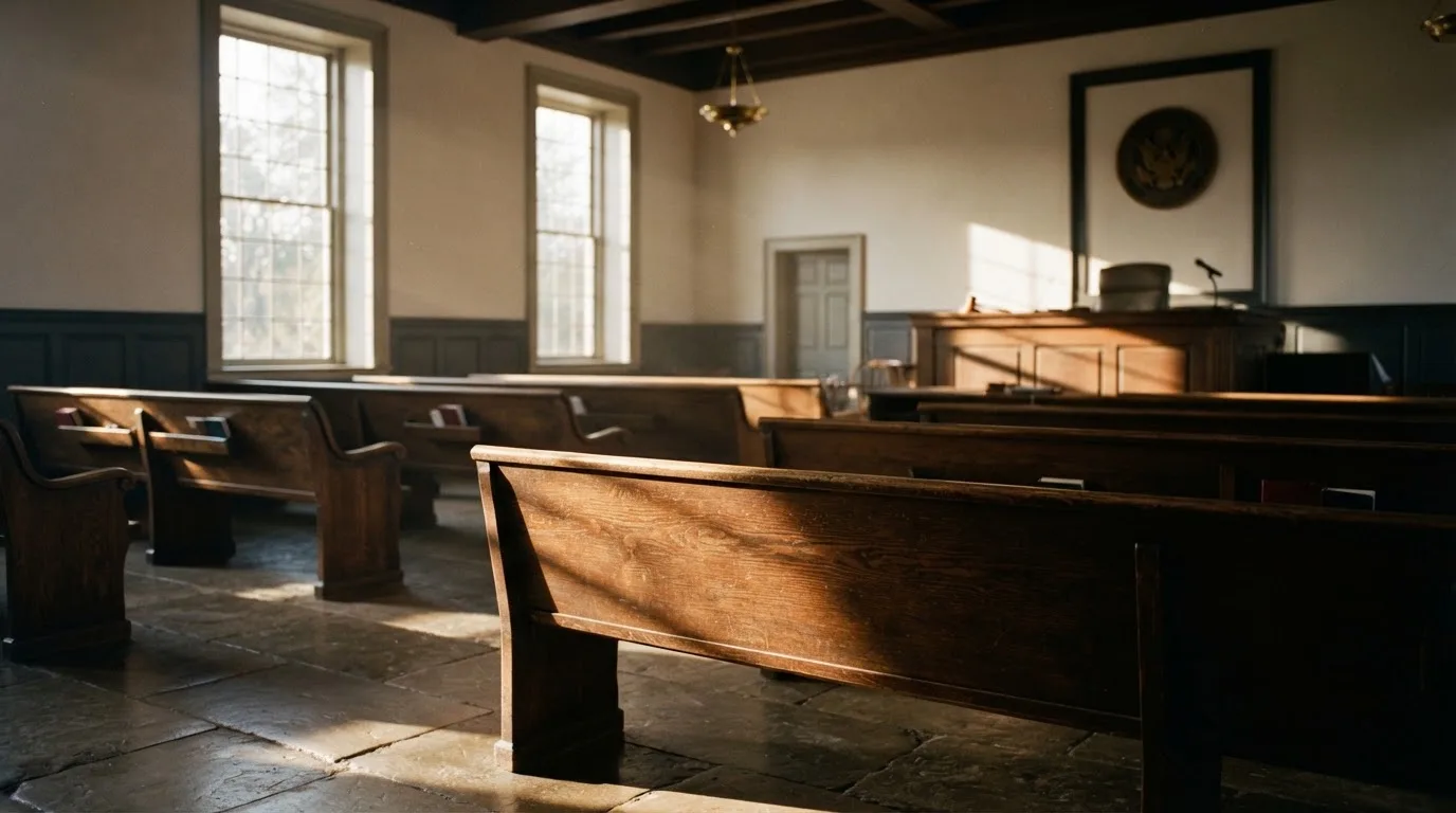 An empty courtroom with wooden benches in morning light