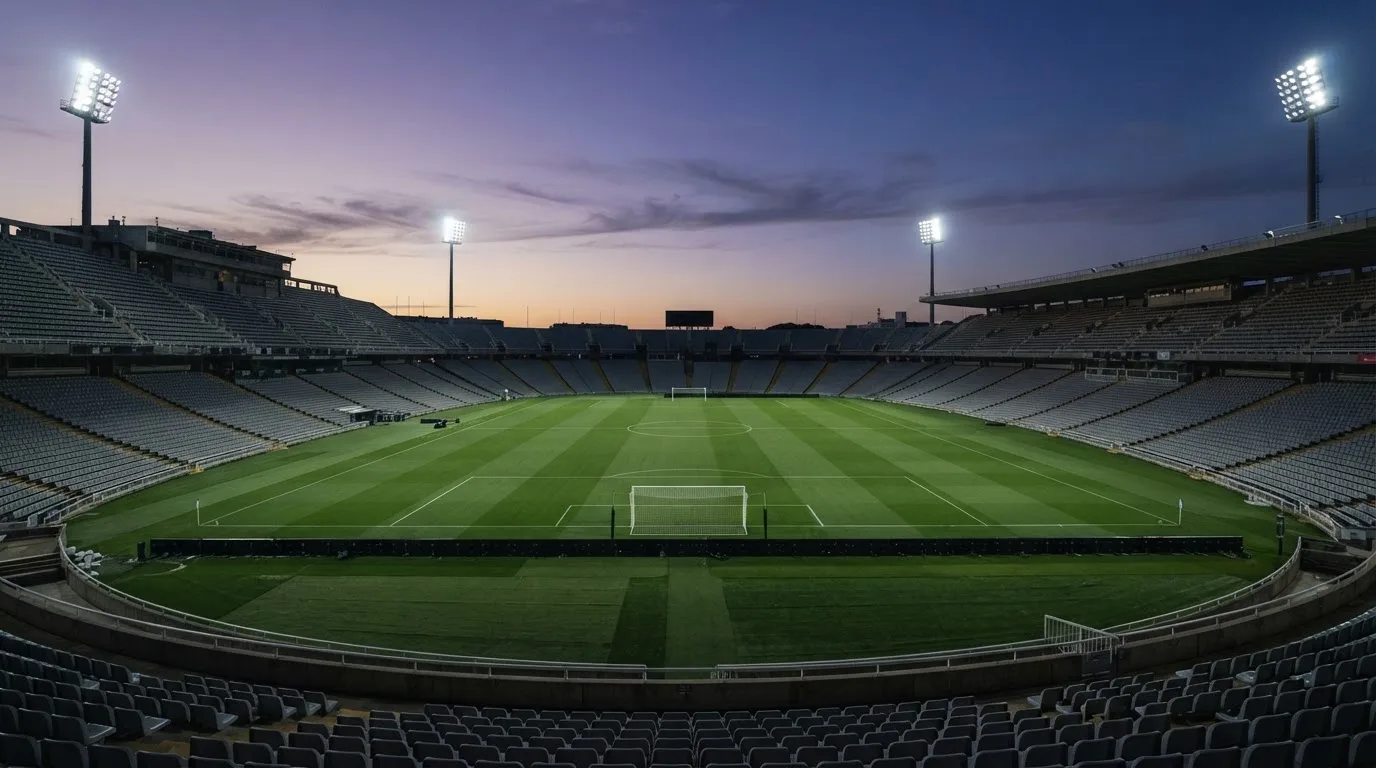 An empty football stadium with floodlight masts at dusk